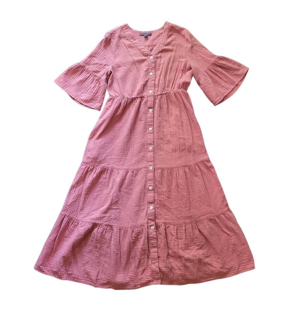 Chelsea & Theodore Dress Women's Small Pink Cotton Gauze Button Down Midi Modest